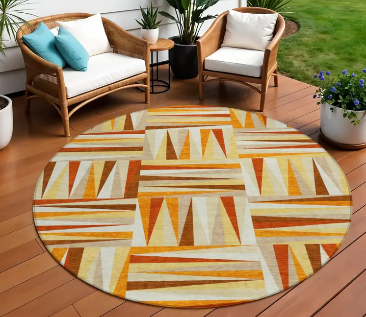 8' Orange Ivory And Copper Round Geometric Washable Indoor Outdoor Area Rug