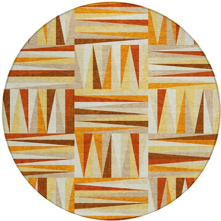 8' Orange Ivory And Copper Round Geometric Washable Indoor Outdoor Area Rug