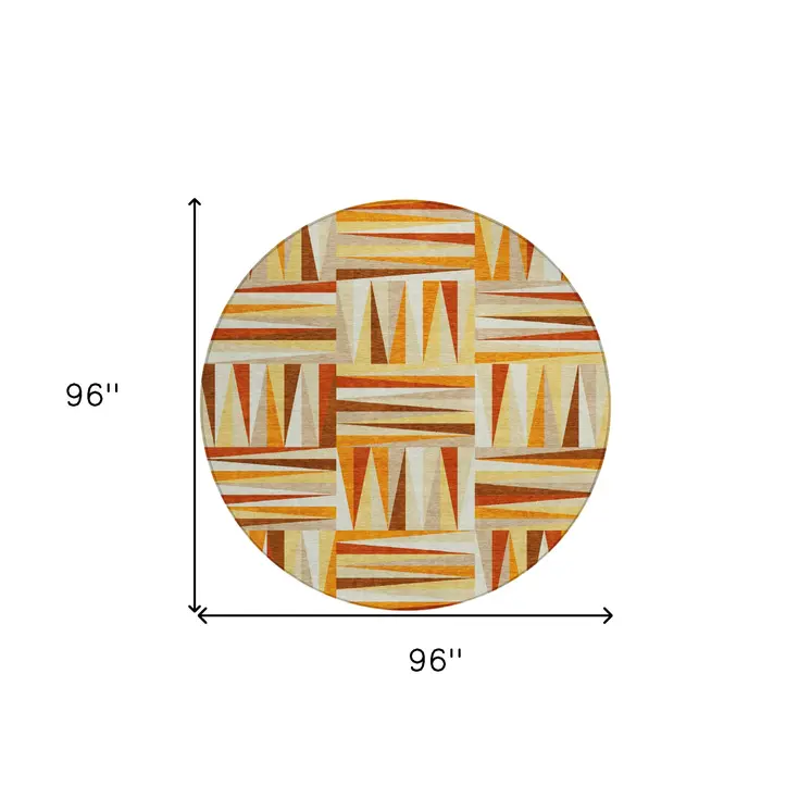 8' Orange Ivory And Copper Round Geometric Washable Indoor Outdoor Area Rug