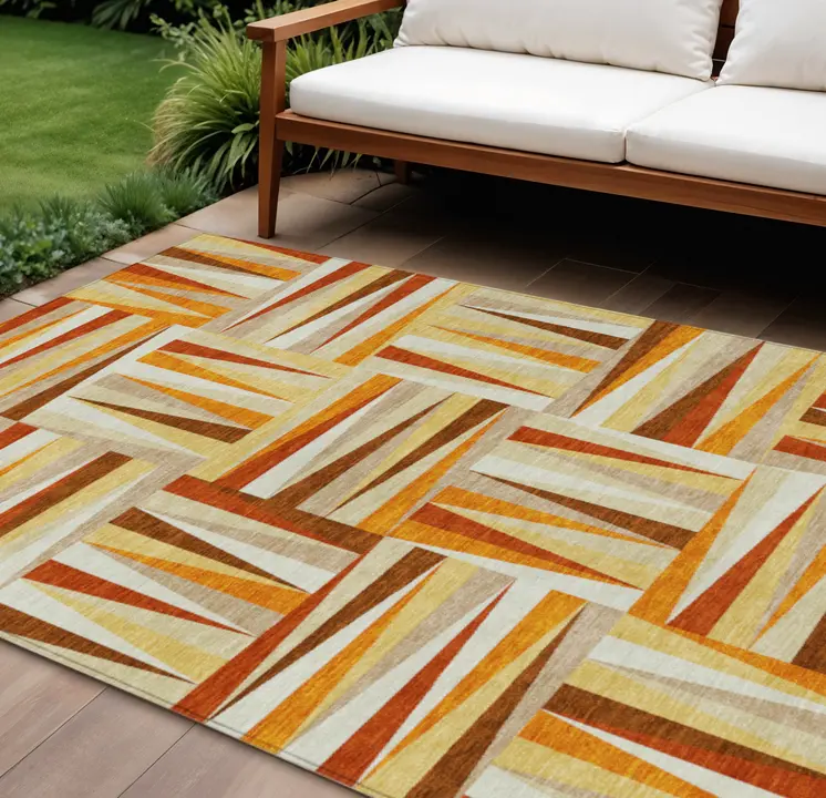 9' X 12' Orange Geometric Washable Indoor Outdoor Area Rug