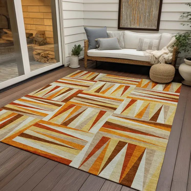 9' X 12' Orange Geometric Washable Indoor Outdoor Area Rug