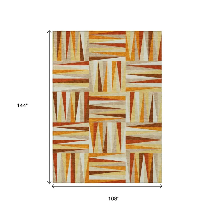 9' X 12' Orange Geometric Washable Indoor Outdoor Area Rug