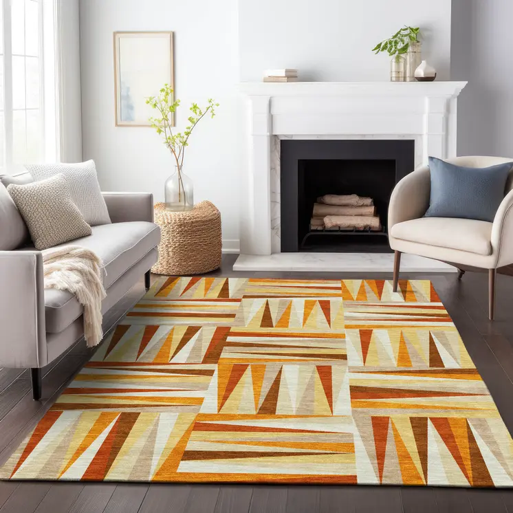 9' X 12' Orange Geometric Washable Indoor Outdoor Area Rug
