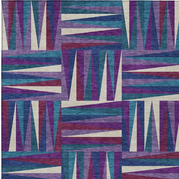 3' X 5' Purple Ivory And Teal Blue Geometric Washable Indoor Outdoor Area Rug