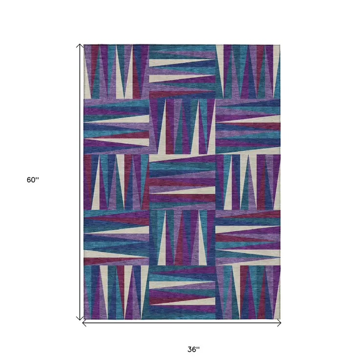 3' X 5' Purple Ivory And Teal Blue Geometric Washable Indoor Outdoor Area Rug