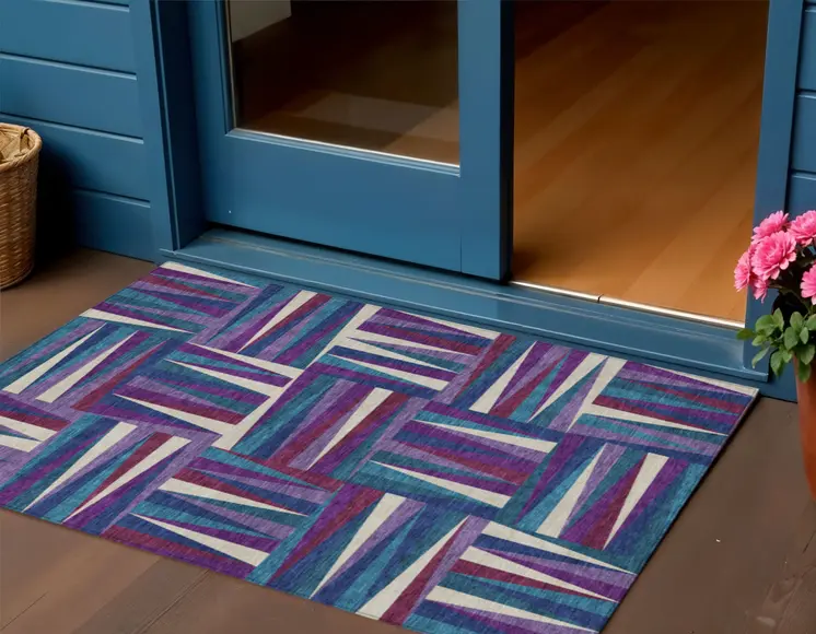 3' X 5' Purple Ivory And Teal Blue Geometric Washable Indoor Outdoor Area Rug