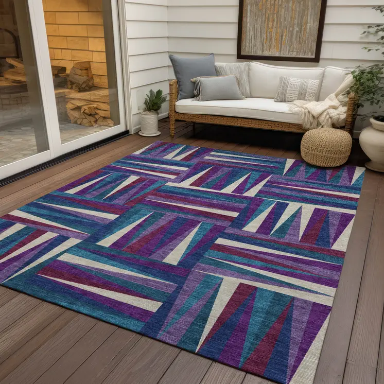 3' X 5' Purple Ivory And Teal Blue Geometric Washable Indoor Outdoor Area Rug