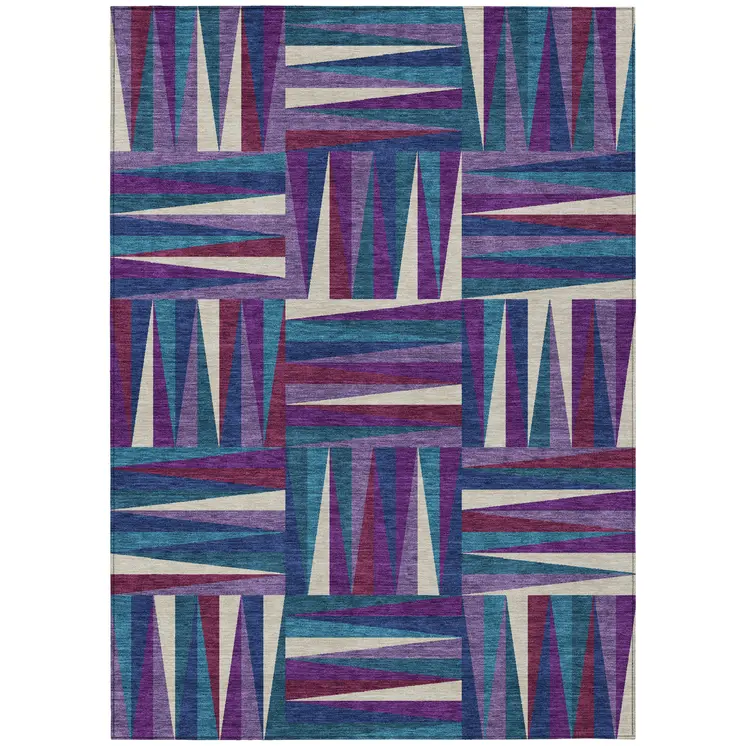 3' X 5' Purple Ivory And Teal Blue Geometric Washable Indoor Outdoor Area Rug