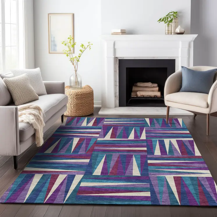 3' X 5' Purple Ivory And Teal Blue Geometric Washable Indoor Outdoor Area Rug