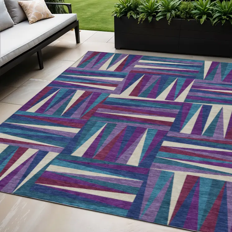 5' X 8' Purple Ivory And Teal Blue Geometric Washable Indoor Outdoor Area Rug