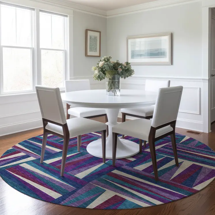 8' Purple Ivory And Teal Blue Round Geometric Washable Indoor Outdoor Area Rug