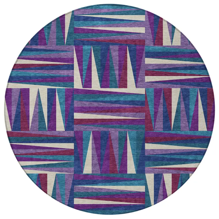 8' Purple Ivory And Teal Blue Round Geometric Washable Indoor Outdoor Area Rug