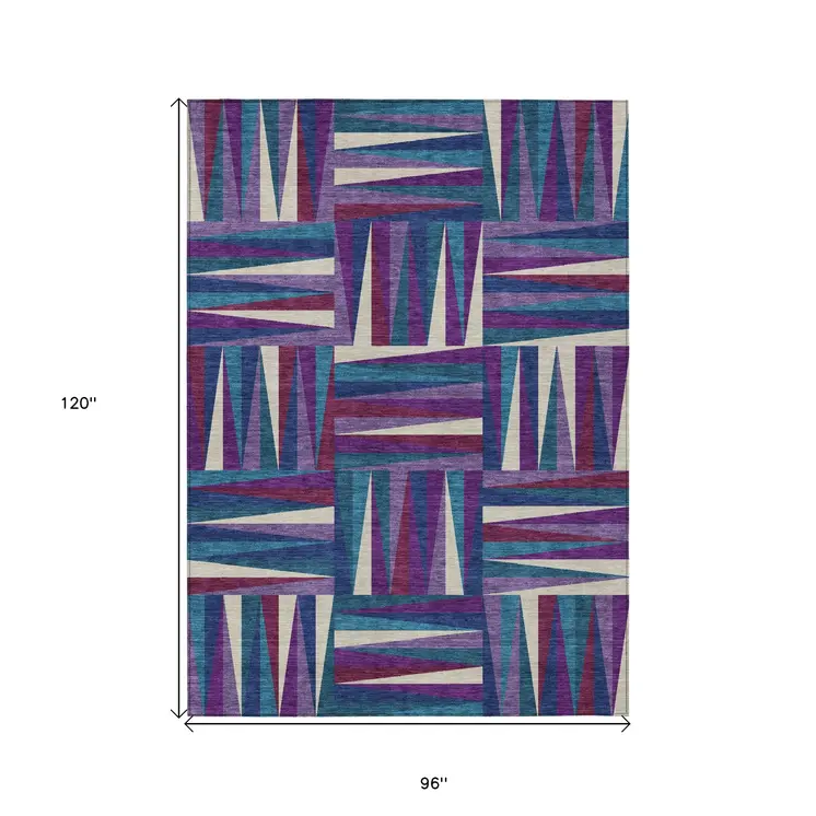 8' X 10' Purple Ivory And Teal Blue Geometric Washable Indoor Outdoor Area Rug