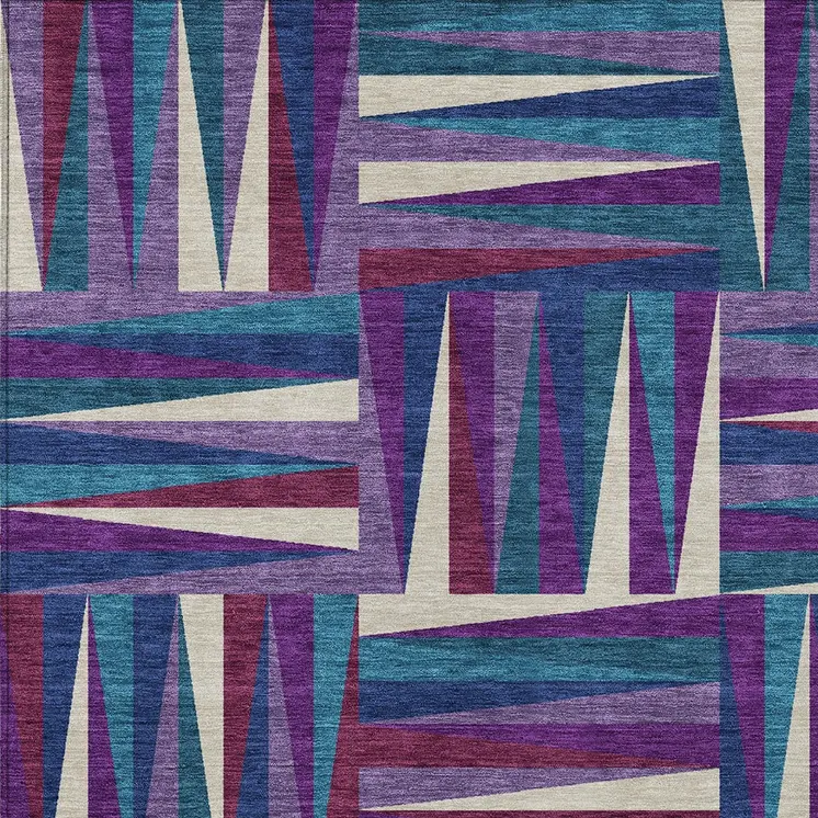 10' X 14' Purple Ivory And Teal Blue Geometric Washable Indoor Outdoor Area Rug