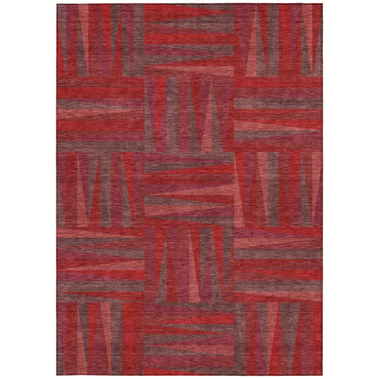 3' X 5' Red And Brown Geometric Washable Indoor Outdoor Area Rug