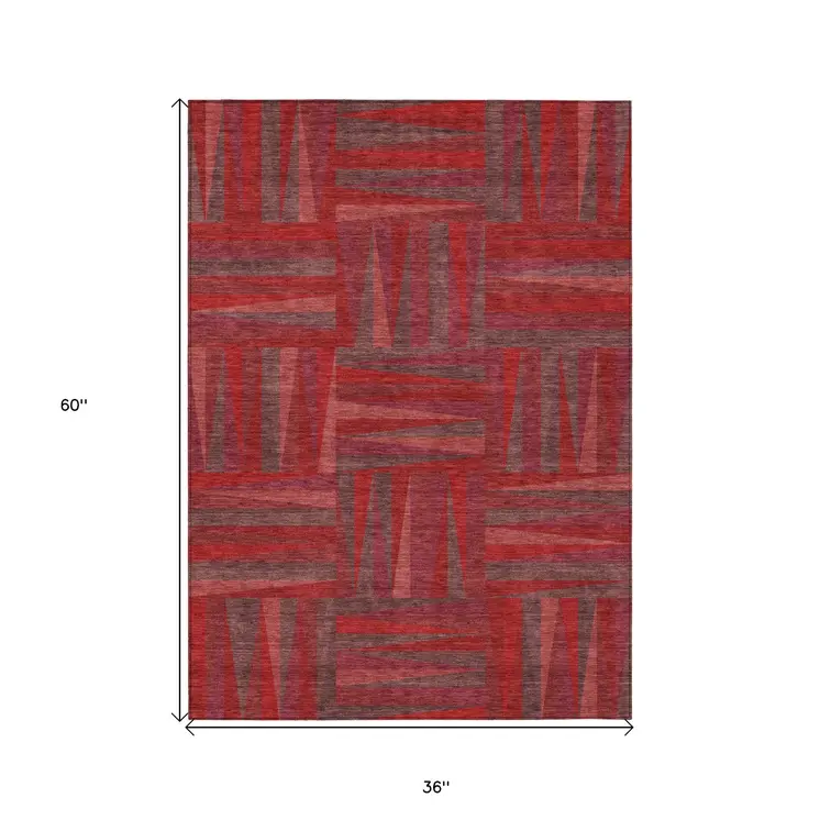 3' X 5' Red And Brown Geometric Washable Indoor Outdoor Area Rug