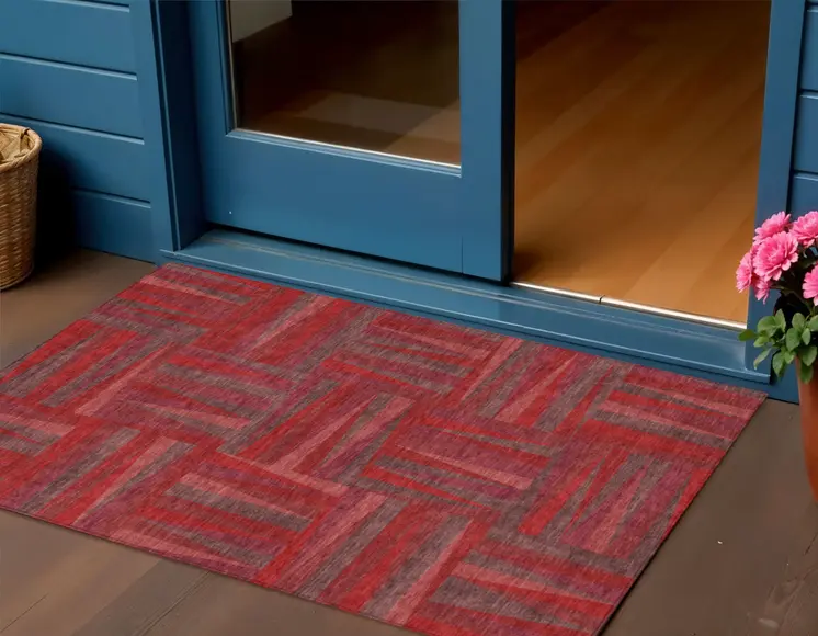 3' X 5' Red And Brown Geometric Washable Indoor Outdoor Area Rug
