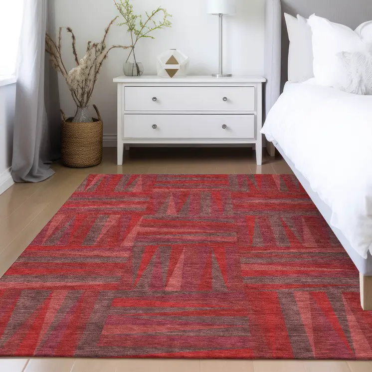 3' X 5' Red And Brown Geometric Washable Indoor Outdoor Area Rug