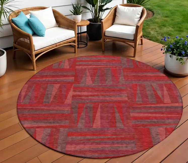 8' Red And Brown Round Geometric Washable Indoor Outdoor Area Rug