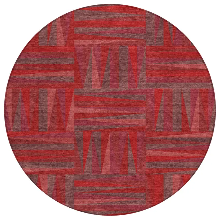 8' Red And Brown Round Geometric Washable Indoor Outdoor Area Rug
