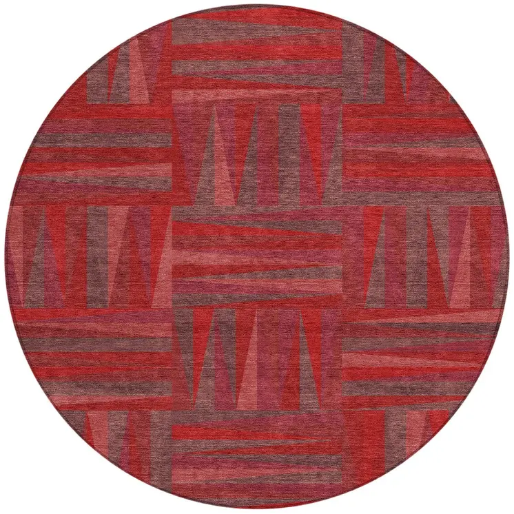 8' Red And Brown Round Geometric Washable Indoor Outdoor Area Rug