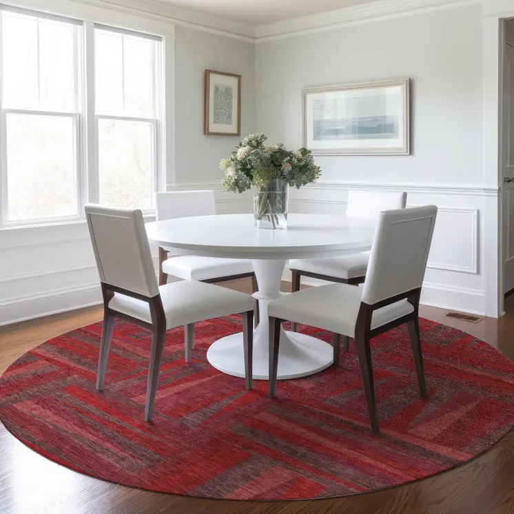 8' Red And Brown Round Geometric Washable Indoor Outdoor Area Rug