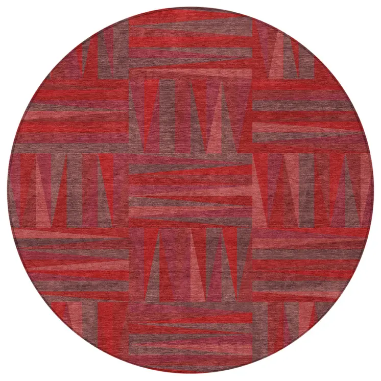 8' Red And Brown Round Geometric Washable Indoor Outdoor Area Rug