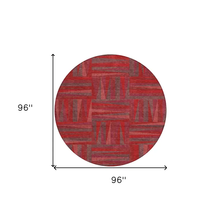 8' Red And Brown Round Geometric Washable Indoor Outdoor Area Rug