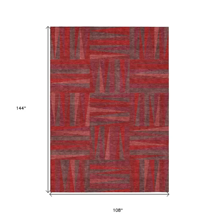 9' X 12' Red And Brown Geometric Washable Indoor Outdoor Area Rug