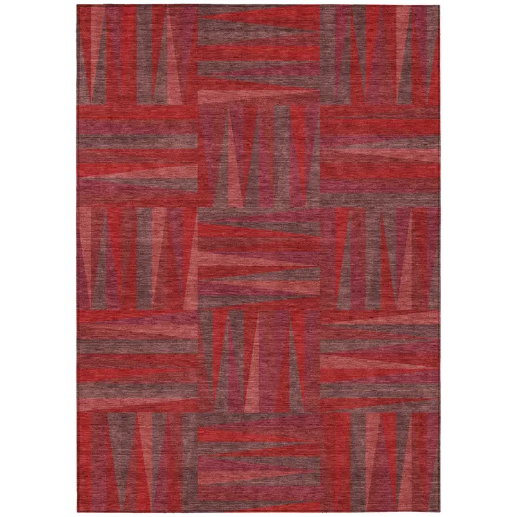 9' X 12' Red And Brown Geometric Washable Indoor Outdoor Area Rug