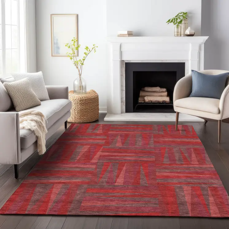 9' X 12' Red And Brown Geometric Washable Indoor Outdoor Area Rug