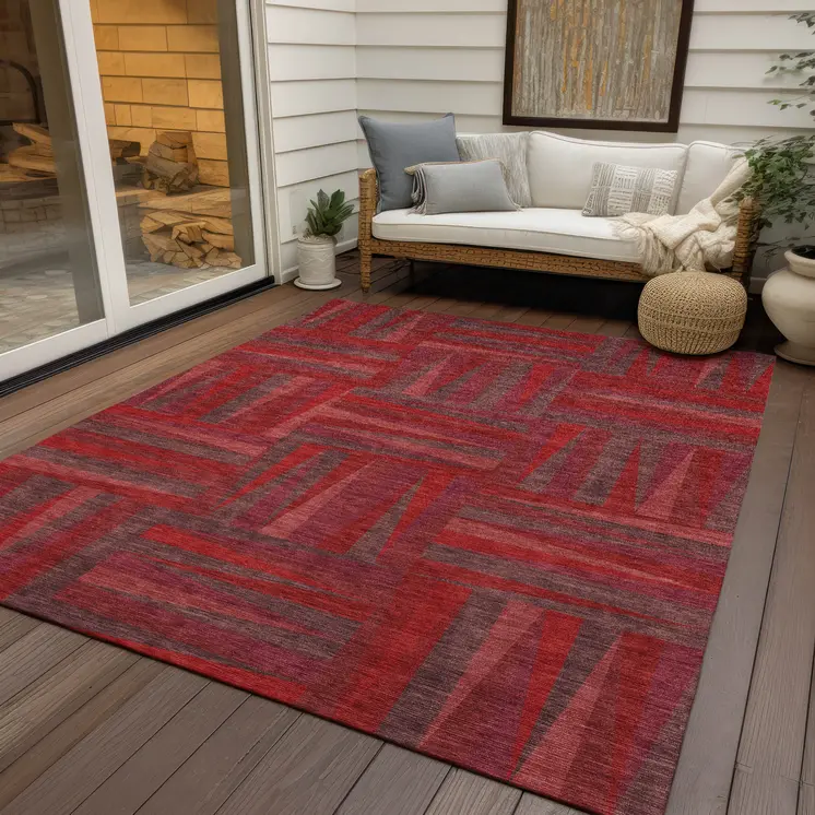 10' X 14' Red And Brown Geometric Washable Indoor Outdoor Area Rug