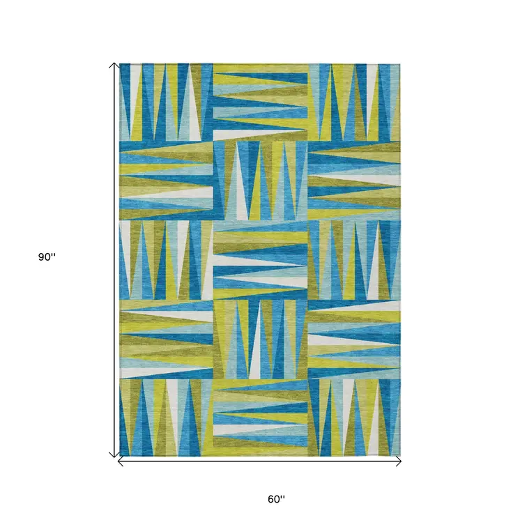 5' X 8' Teal Blue Green And Ivory Geometric Washable Indoor Outdoor Area Rug