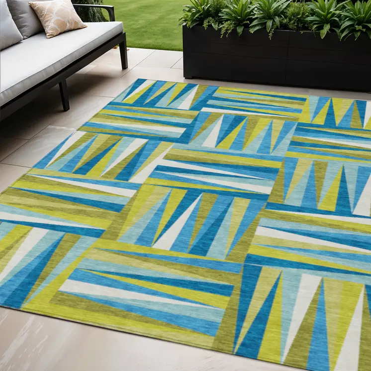 5' X 8' Teal Blue Green And Ivory Geometric Washable Indoor Outdoor Area Rug