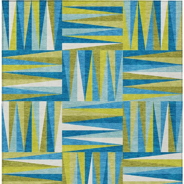 5' X 8' Teal Blue Green And Ivory Geometric Washable Indoor Outdoor Area Rug