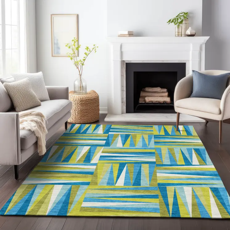 5' X 8' Teal Blue Green And Ivory Geometric Washable Indoor Outdoor Area Rug