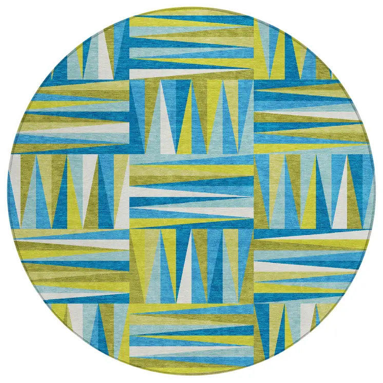 8' Teal Blue Green And Ivory Round Geometric Washable Indoor Outdoor Area Rug