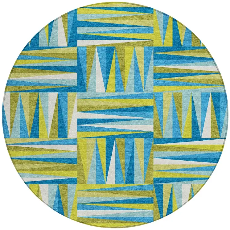 8' Teal Blue Green And Ivory Round Geometric Washable Indoor Outdoor Area Rug