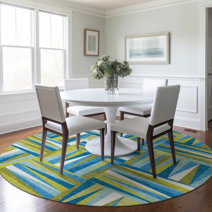 8' Teal Blue Green And Ivory Round Geometric Washable Indoor Outdoor Area Rug