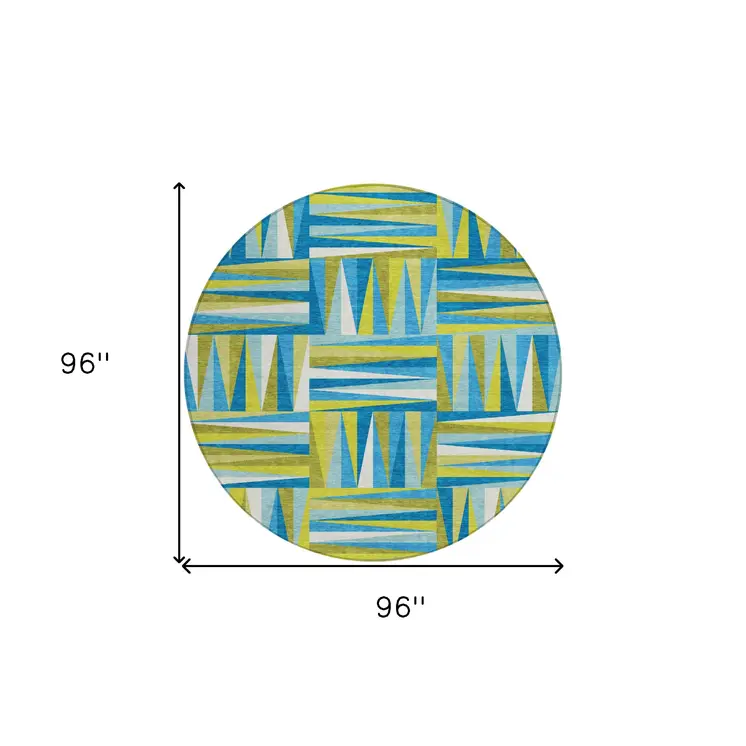 8' Teal Blue Green And Ivory Round Geometric Washable Indoor Outdoor Area Rug