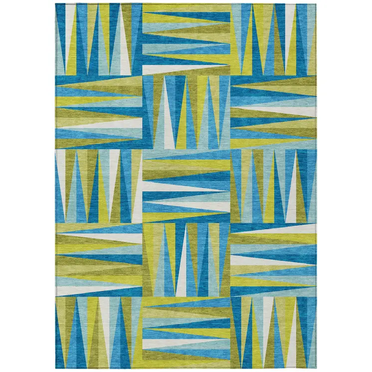 10' X 14' Teal Blue Green And Ivory Geometric Washable Indoor Outdoor Area Rug