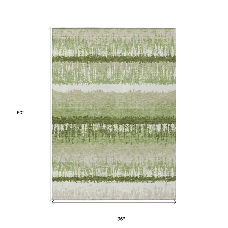 3' X 5' Artichoke Green Beige And Ivory Striped Washable Indoor Outdoor Area Rug