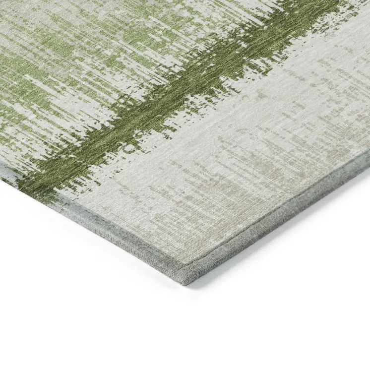 3' X 5' Artichoke Green Beige And Ivory Striped Washable Indoor Outdoor Area Rug