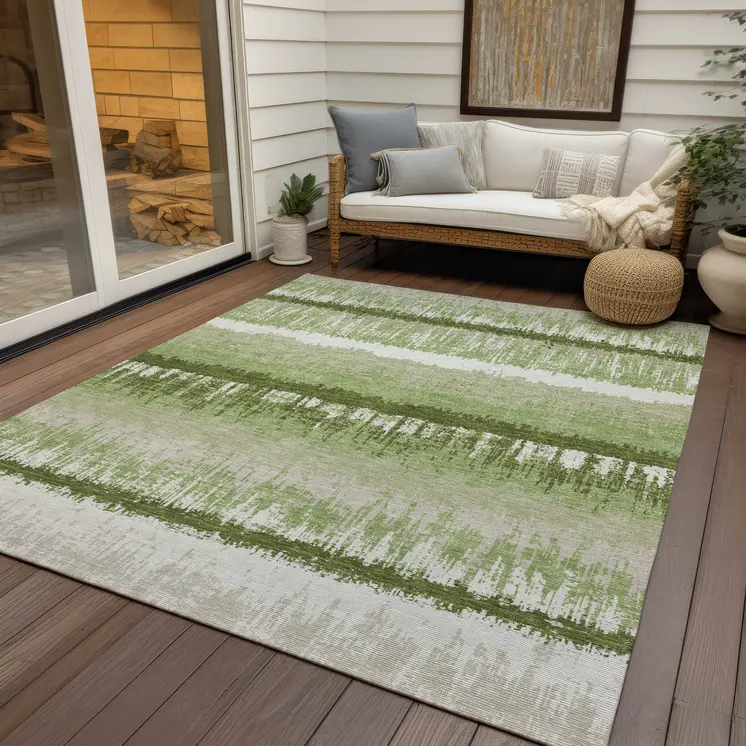 5' X 8' Artichoke Green Beige And Ivory Striped Washable Indoor Outdoor Area Rug