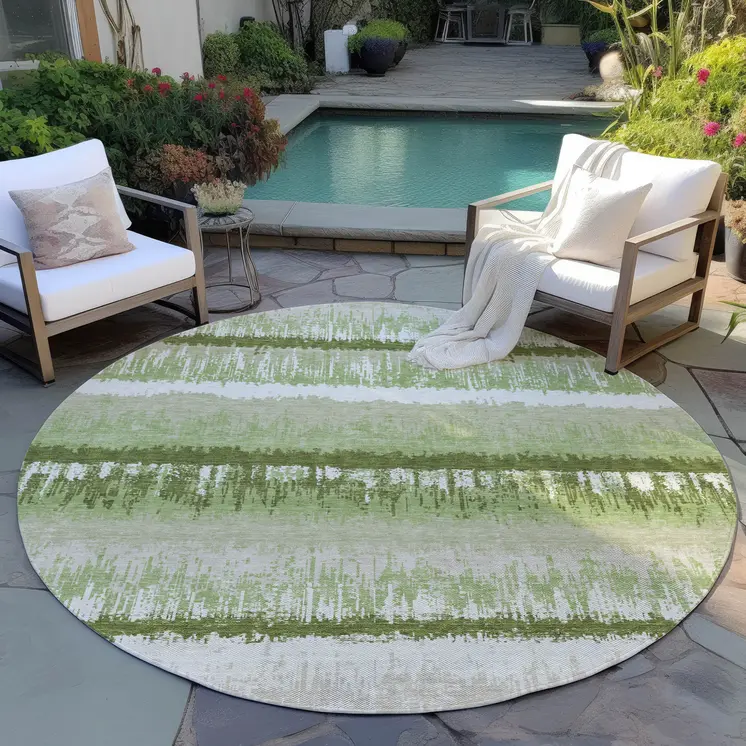 8' Artichoke Green Beige And Ivory Round Striped Washable Indoor Outdoor Area Rug