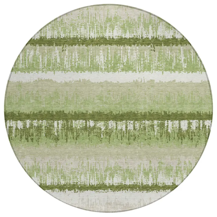 8' Artichoke Green Beige And Ivory Round Striped Washable Indoor Outdoor Area Rug