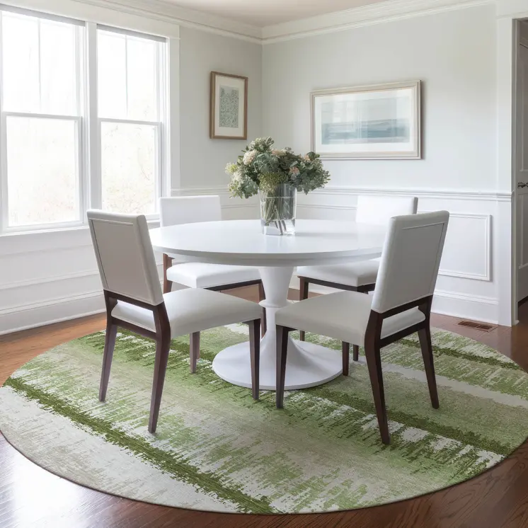 8' Artichoke Green Beige And Ivory Round Striped Washable Indoor Outdoor Area Rug