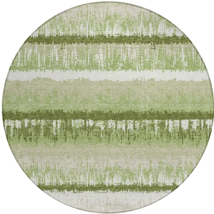 8' Artichoke Green Beige And Ivory Round Striped Washable Indoor Outdoor Area Rug