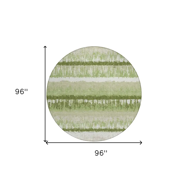 8' Artichoke Green Beige And Ivory Round Striped Washable Indoor Outdoor Area Rug
