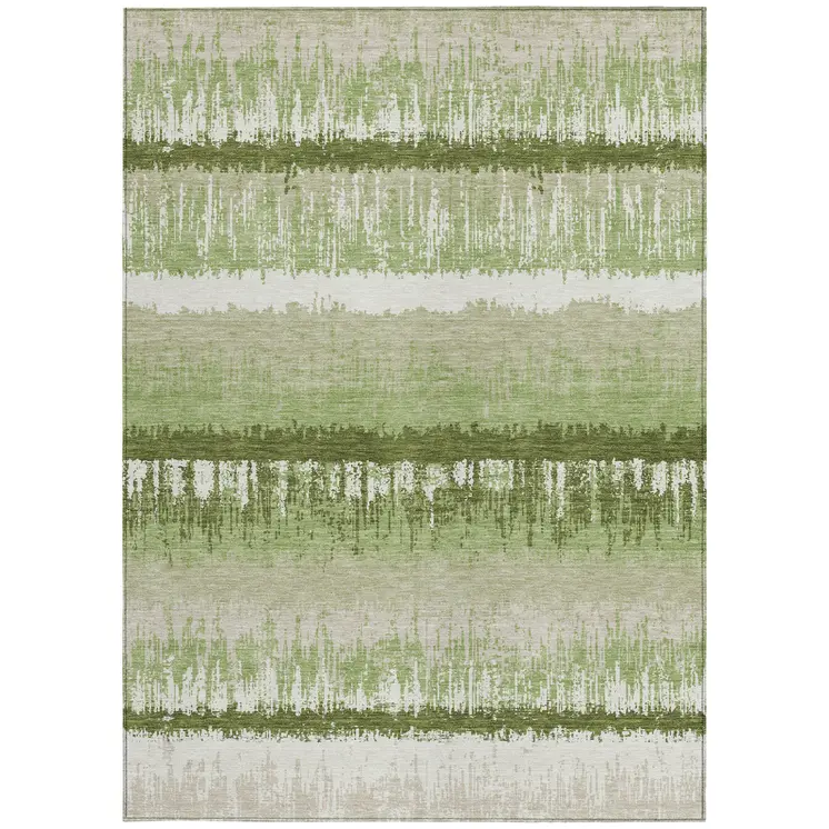 8' X 10' Artichoke Green Beige And Ivory Striped Washable Indoor Outdoor Area Rug